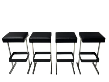 Four Mid-Century Modern Bar Stools with Black Leather Seats, 1970s